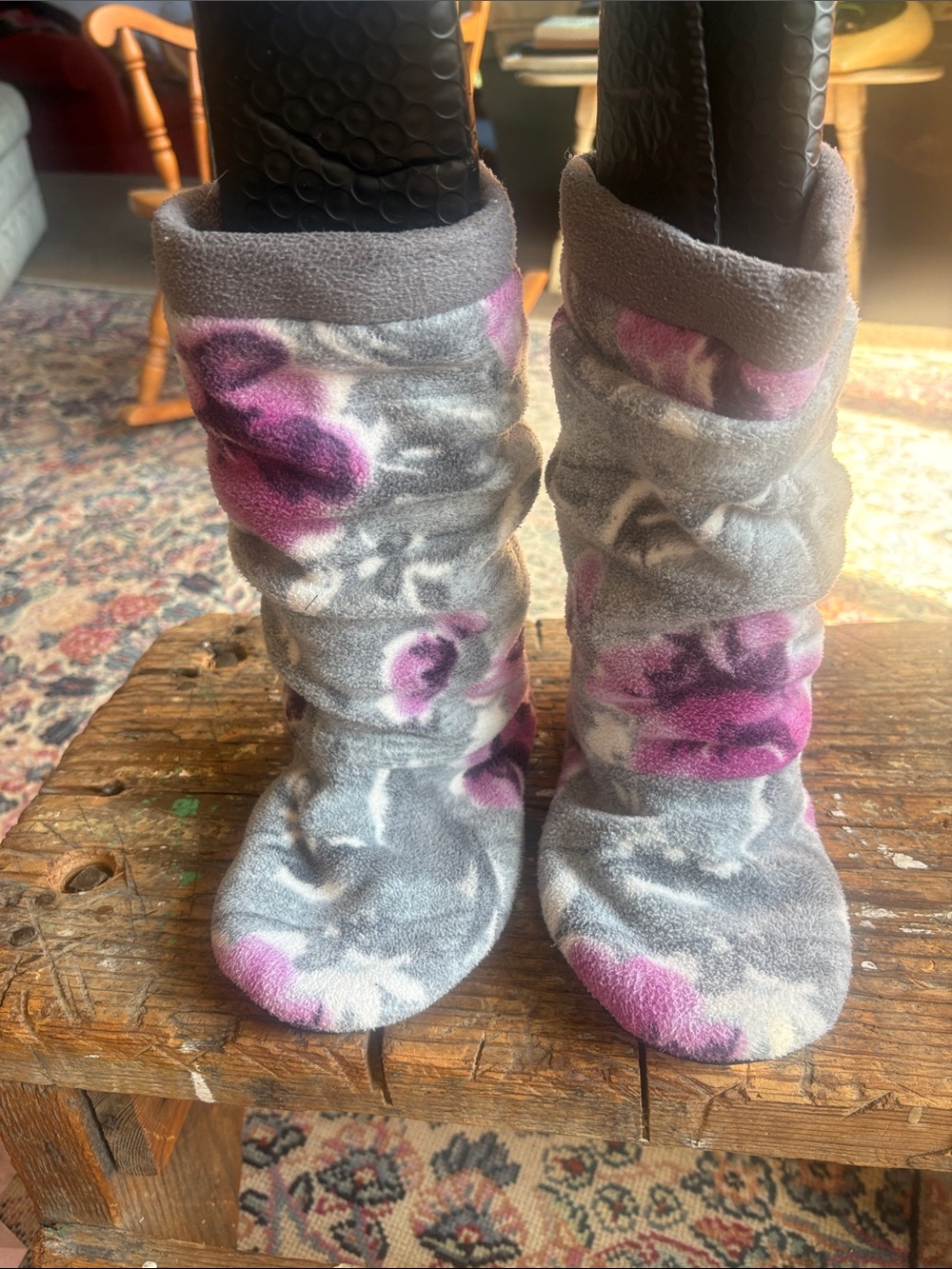 Plush Fleece Slouch Boot Slippers for Women - Gray with Pink Floral